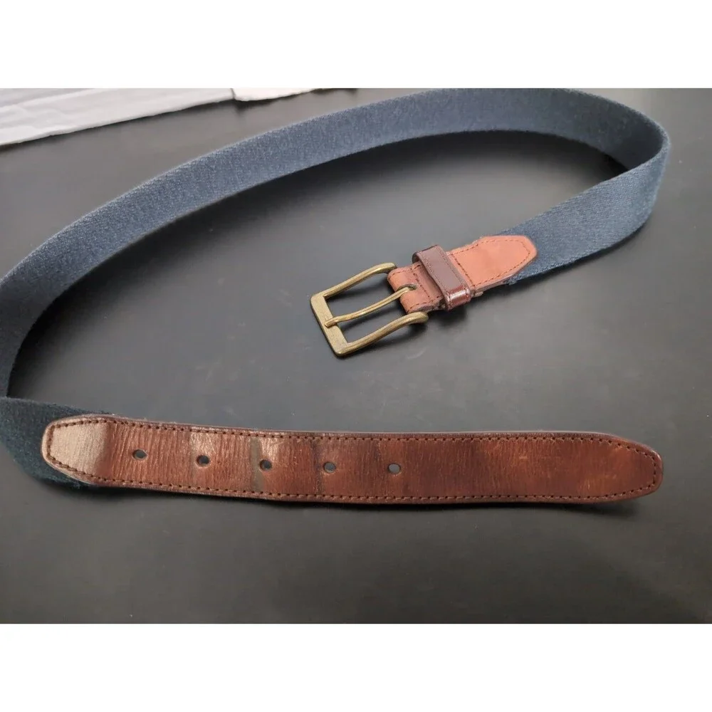 VINTAGE L.L.BEAN Navy Web Belt Sz 30 Brown Leather Solid Brass Buckle Made USA